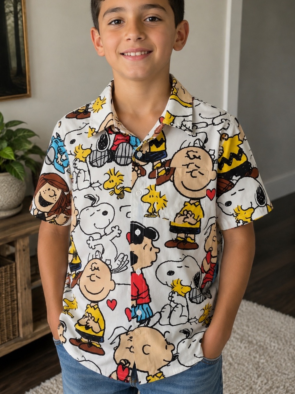 Peanuts Button-Down Shirt in White, Yellow, Black, Red, Blue